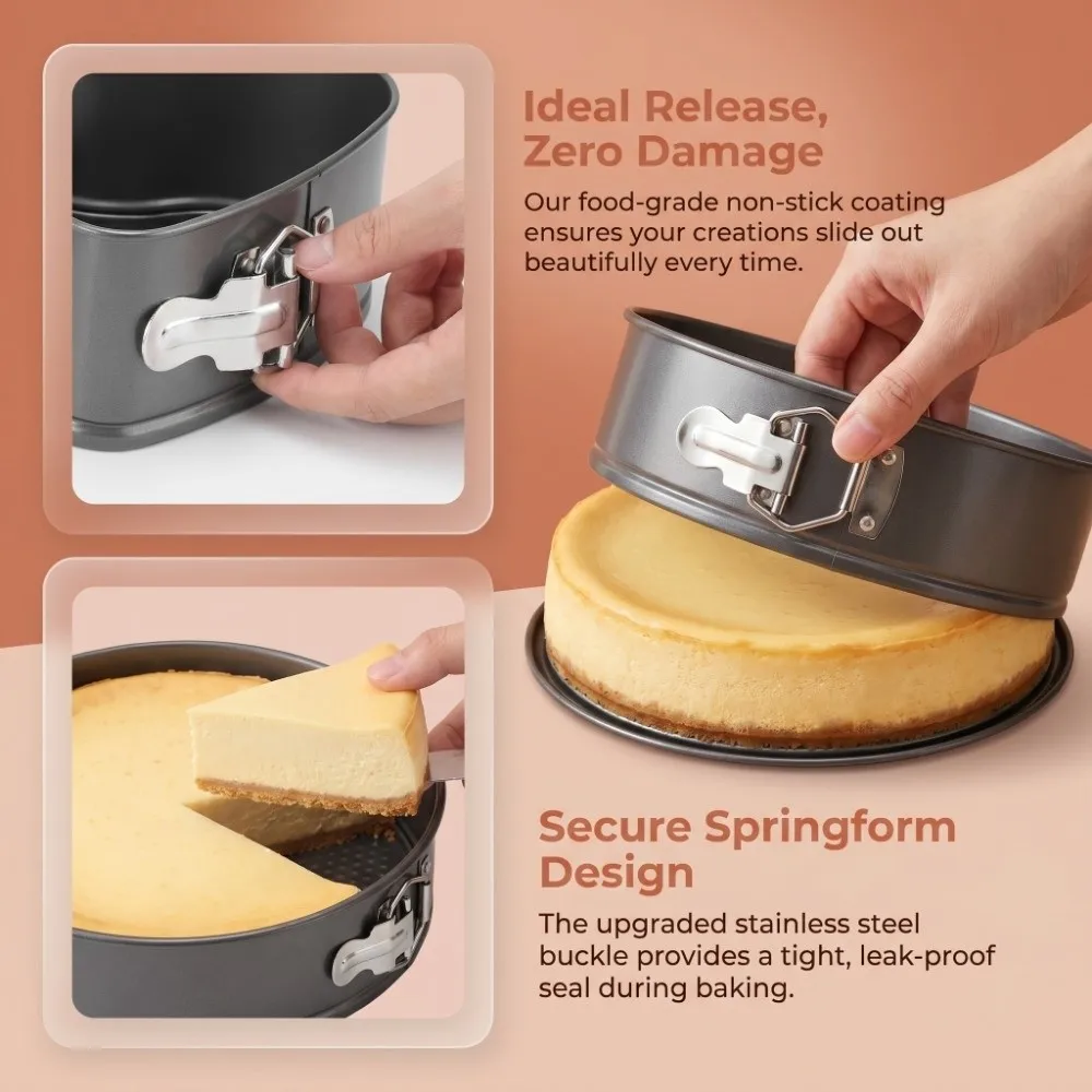 3pcs Carbon Steel Cake Pan Set Non-Stick Removable Bottom Springform Pan Set Snap Button Square Round Heart Cheesecake Pan Set