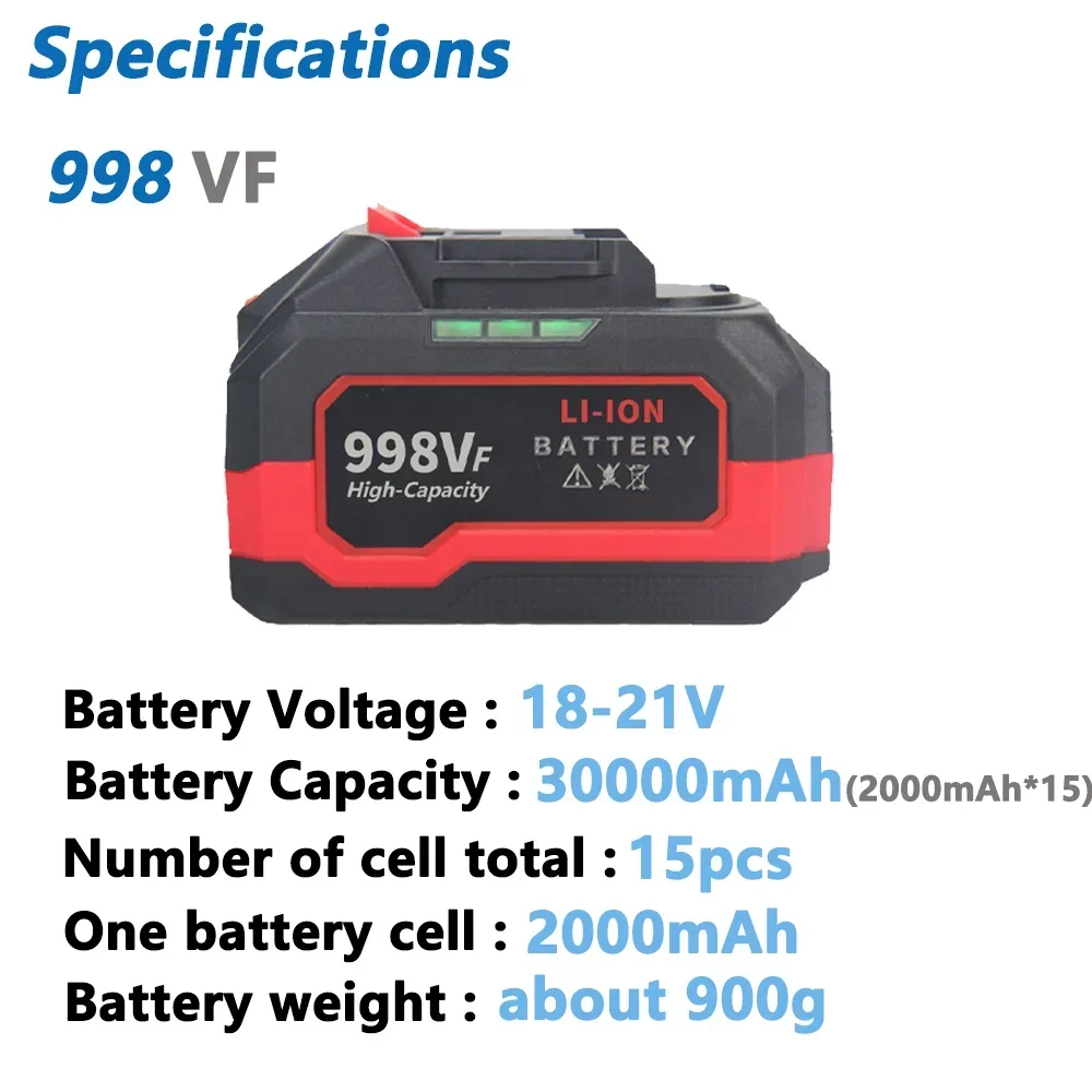 New 18V 20V 21V Rechargeable Li-Ion Battery 30000mAh 998VF High Capacity Power Tool Replace Battery For Drill Wrench Blower Tool
