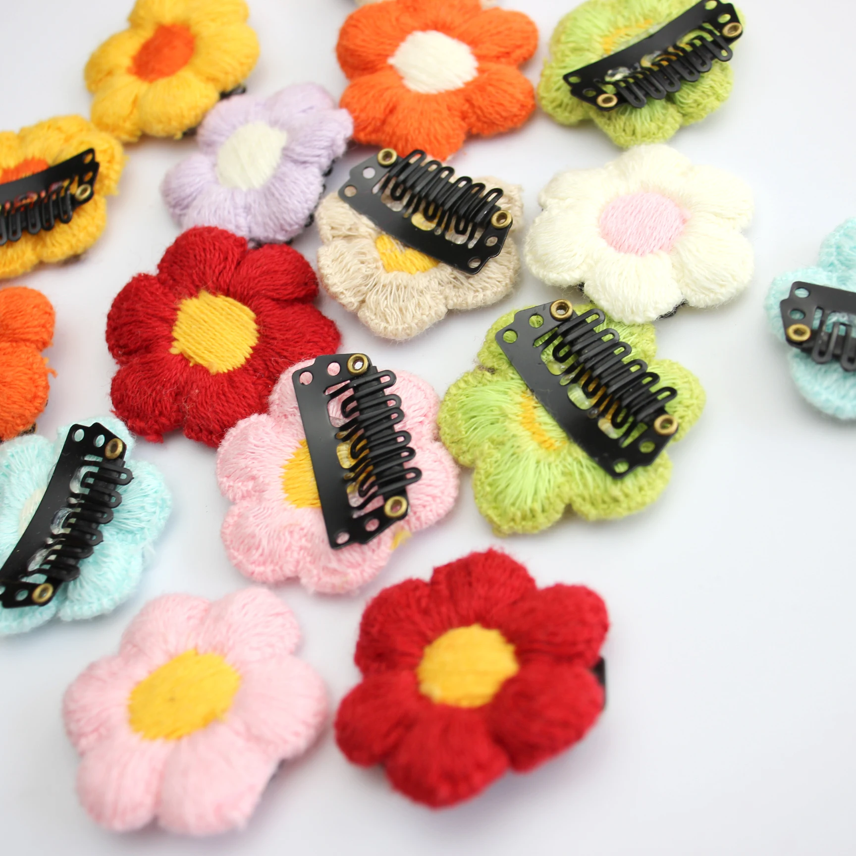 10pcs Embroidery Flower with Wig Clip Fine Hairpin Newborn Headwear Baby Girls Knitted Sun Flower Barrettes Mini Latch Wisp Clip