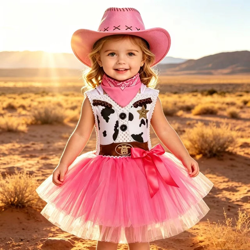 Pink Denim‑Look Fluffy Tulle Dress for Girls, Fluffy Princess Gown, Suitable for Stage Performance and Halloween Party Clothes