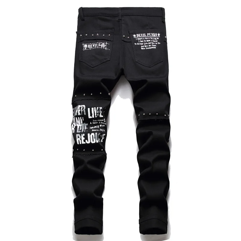 Men's Y2K Gothic Ripped Skinny Jeans Punk Rivet Patch Black Denim Pants Skull Letters Printed Slim Straight Trousers - Image 2