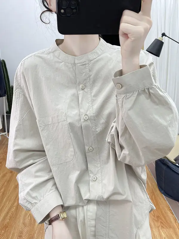 

Pure Cotton Long Sleeve Batwing Shirt Women's Spring Autumn New Style Light Outerwear Apricot Grey Stand Collar Casual Shirt