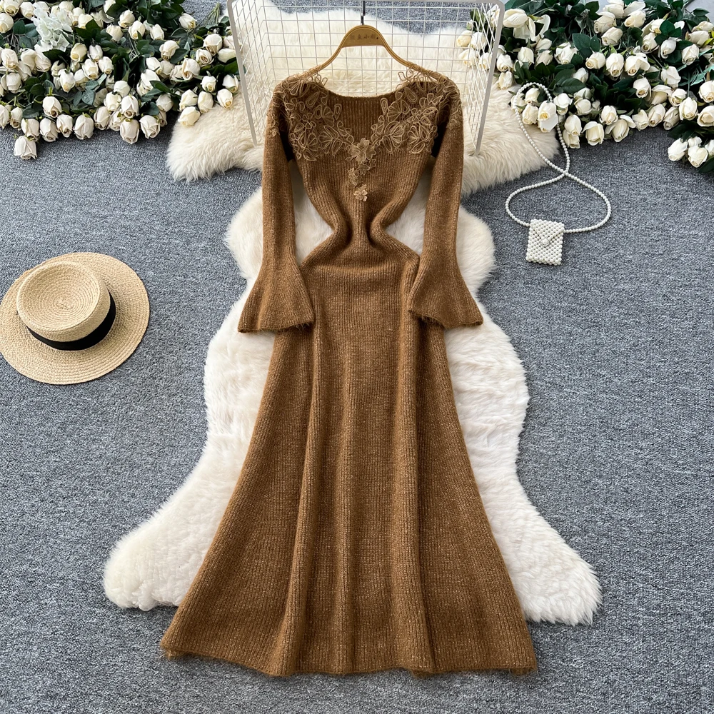 

Шикарный винтажный вязаный кружевной сказочный осенний женский сарафан с длинными рукавами, женская одежда, платье трапециевидной формы