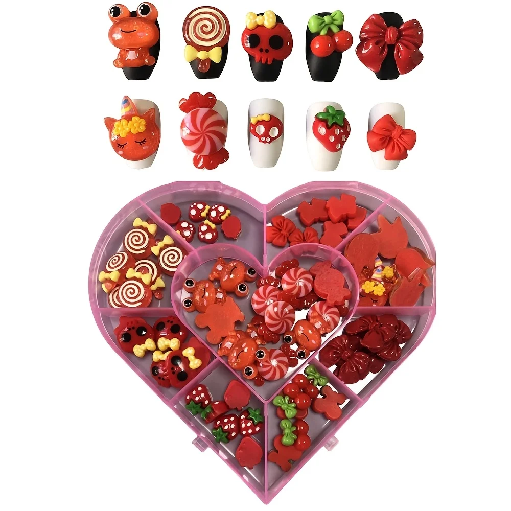 60PCS Cute Cartoon New Year Red Resin Charm Long Nail Art Decoration Junk Phone Case Hairpin Refrigerator Storage Box Diy Crafts