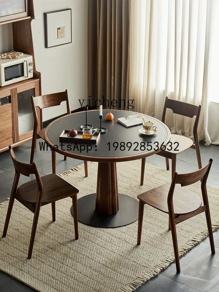 b19  Black Walnut Stone Plate round Table Solid Wood Dining Table Waterproof and Hard-Wearing Scratch-Resistant Small Apartment