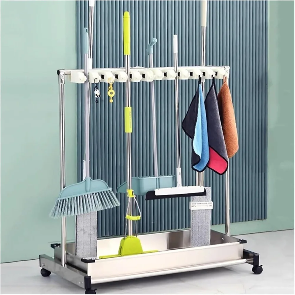 

Portable Broom and Mop Storage Cart with Wheels, Garage Cleaning Organizer Rack