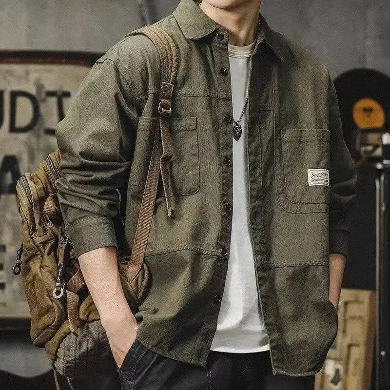 

2025 Autumn New Loose Casual American Vintage Work Jacket Men Solid Square Neck Button Pocket Badge Patchwork Long Sleeved Shirt