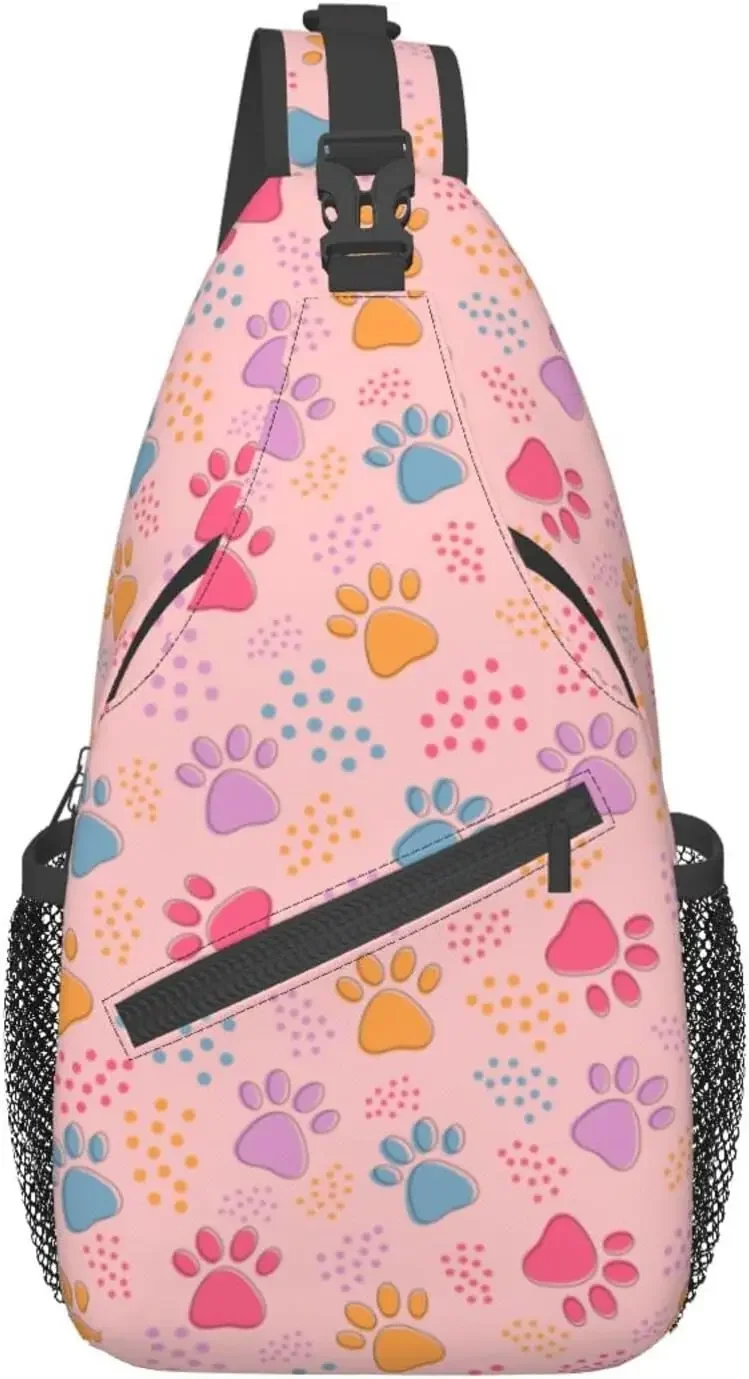 Pink Dog Paw Prints Sling Bag For Men Women Shoulder Backpack Chest Bags Crossbody Daypack For Hiking Camping Outdoor Trip