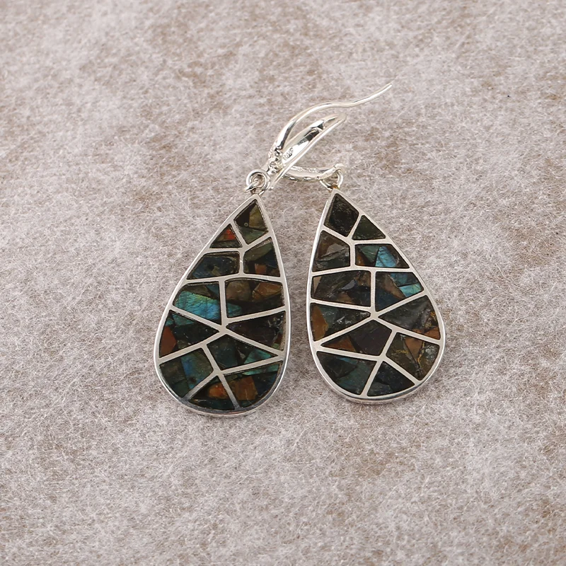 

AAA+ Quality Canadian Ammonite Labradorite 925 Silver Inlaid Unique Earrings