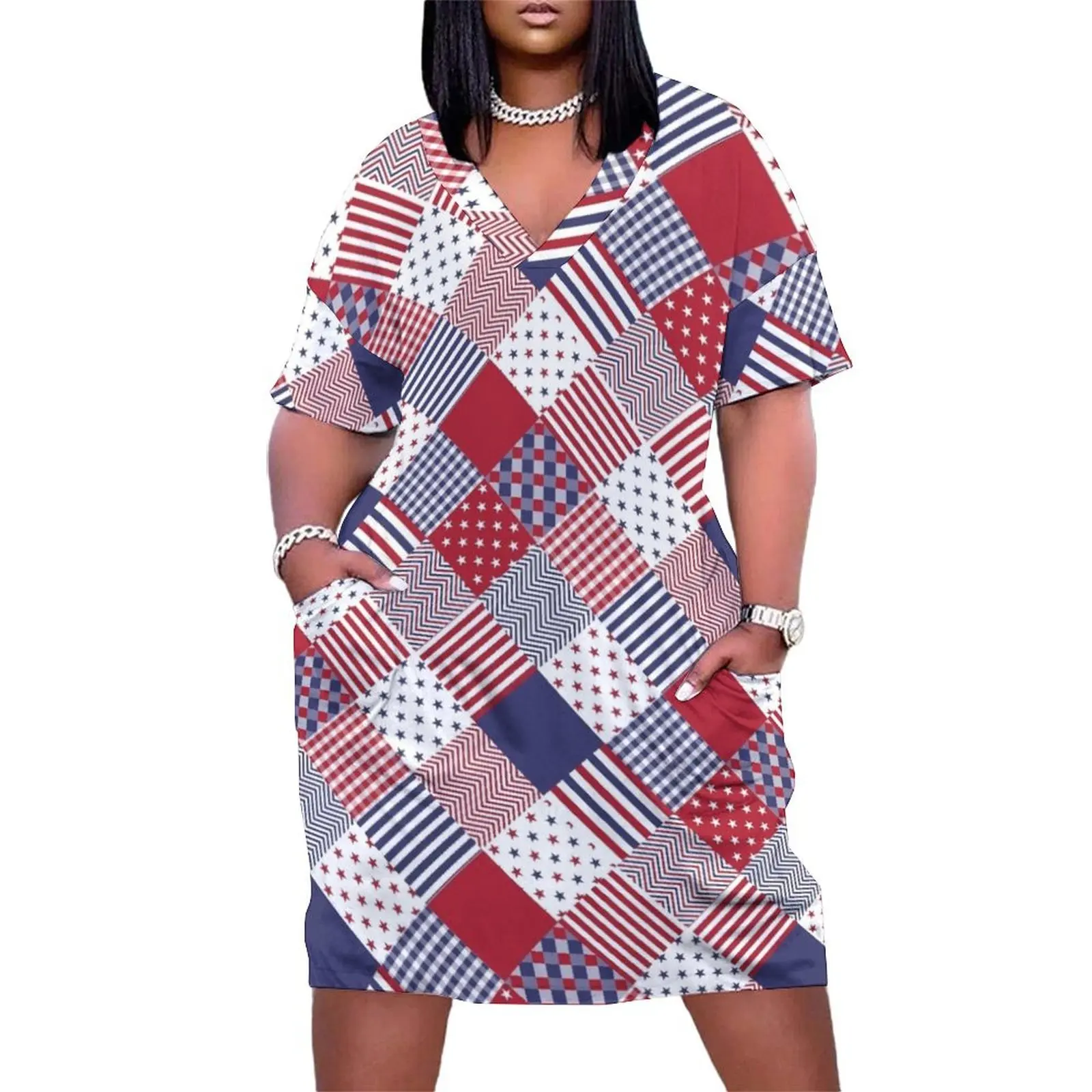 USA Americana Diagonal Red White & Blue Quilt Loose Pocket Dress summer outfits for women 2025 dresses for woman