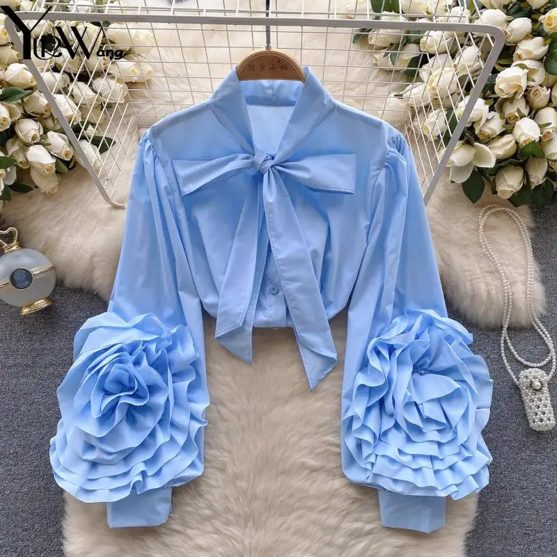 GetSpring Women Shirt 2025 Spring New Three Dimensional Flower Puff Sleeve Bow Lace Up Solid Slim All Match Female Blouse Tops