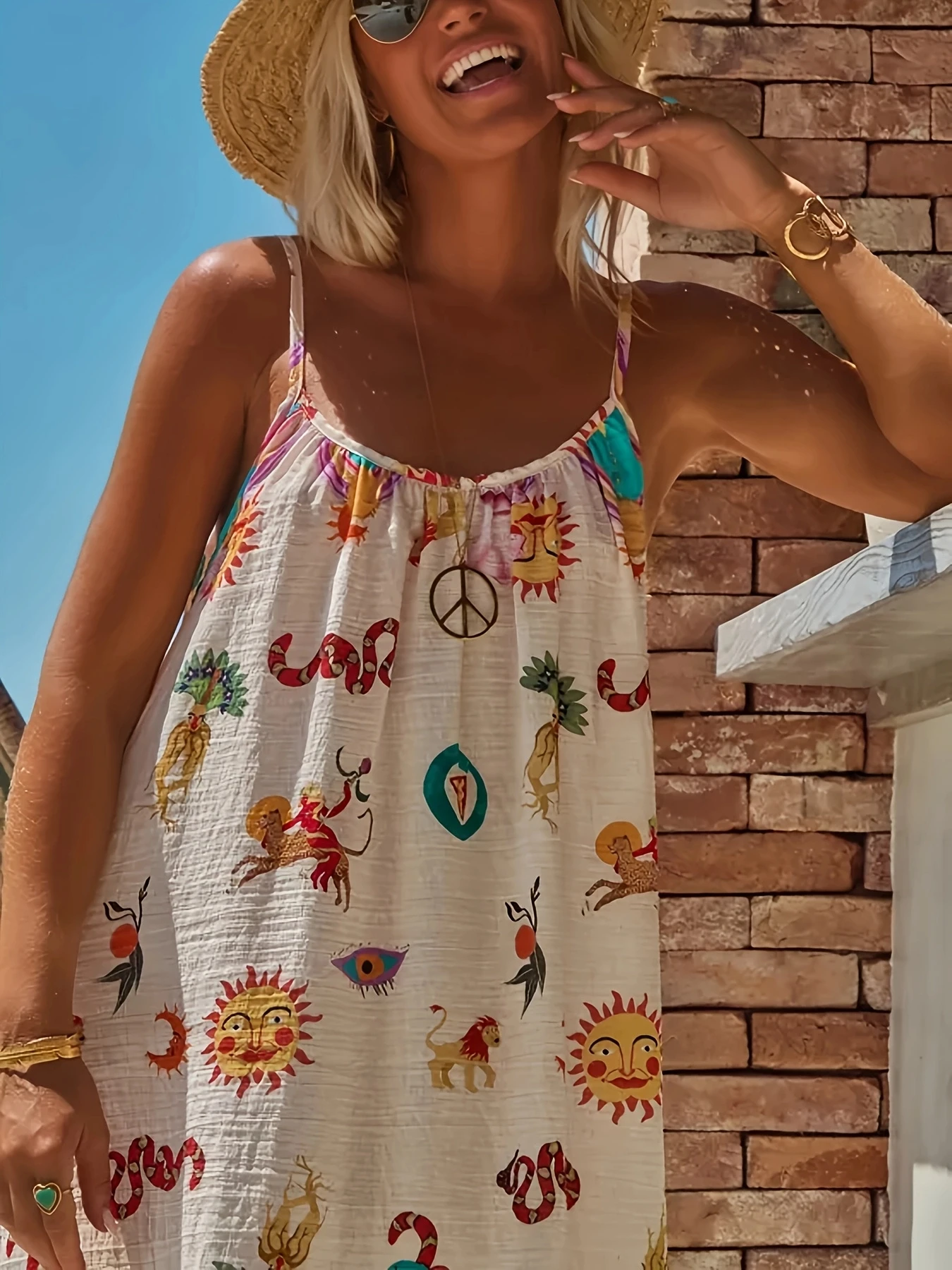 Women's Spaghetti Strap Boho Print Maxi Dress, Casual and Trendy Summer Beach Dress