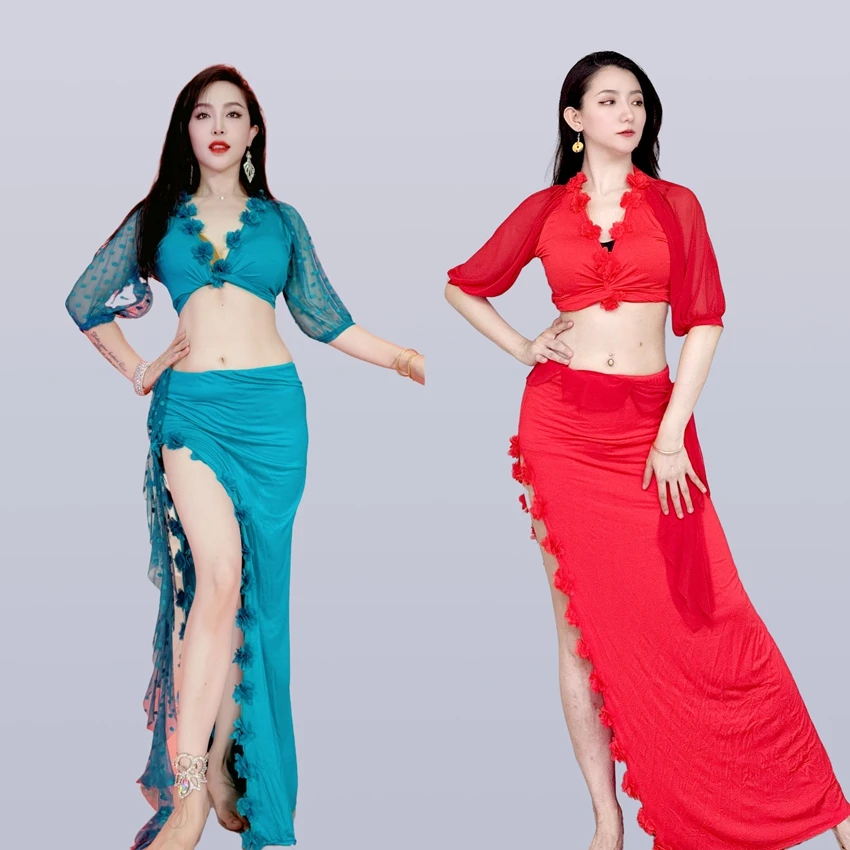 

Customized Swegal Women Sexy Belly Dance Costumes Practice Outfit Oriental Dance Flower Lace Tied Top and Slit Long Skirt 2Pcs