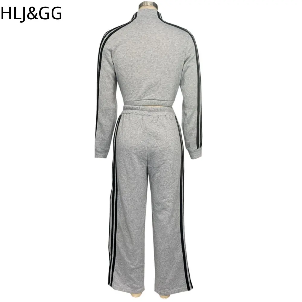 HLJ&GG Casual Stripe Print Wide Leg Pants Tracksuits Women Zip Long Sleeve Coat And Pocket Straight Pants Two Piece Sets Outfits