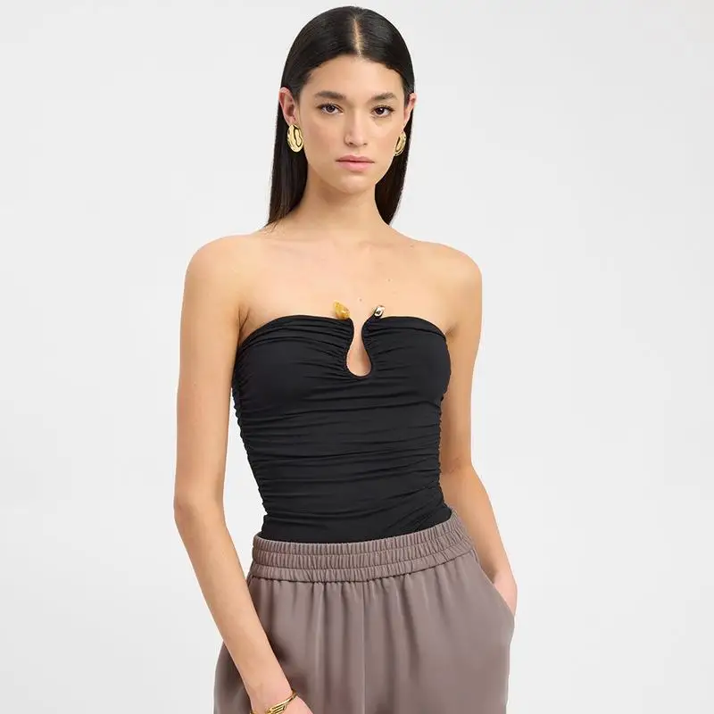 

Women's Sexy Chest Wrapped Bal Pleated Agate irt Top Svel Polyester Spandex Blend Pure Color Trendy T-irt
