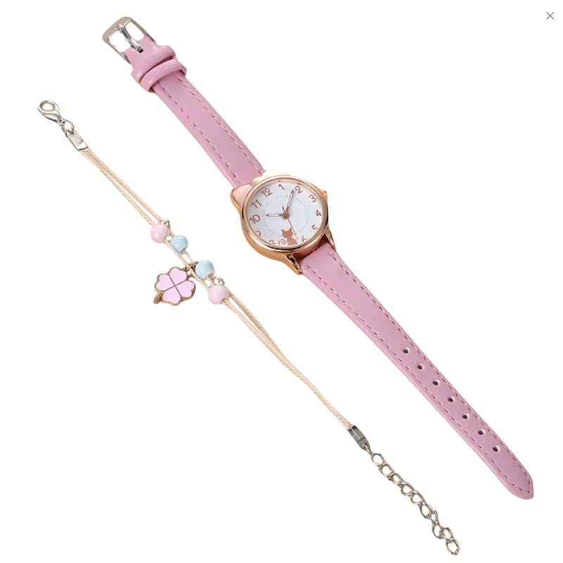 1Set Cat Dial Women Watch Fashionable Delicate Stylish Casual Formal Wrist Watch Bracelet Decoration for Female Students Office