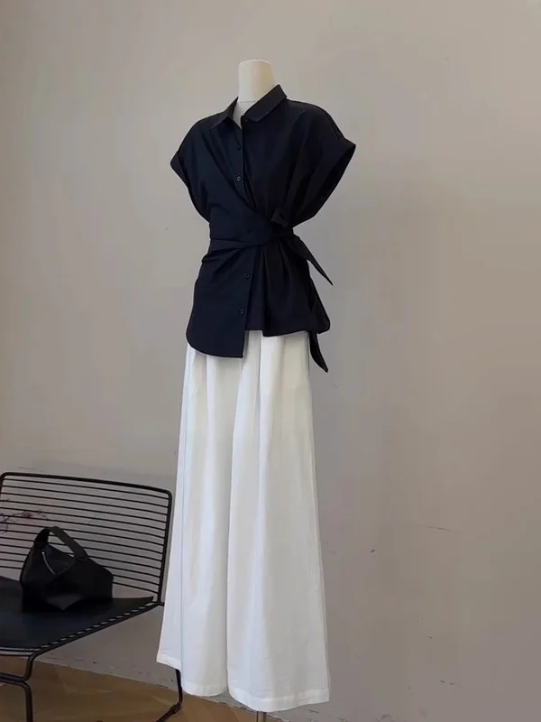 Bla Bow Tie Waist Cinched ort Sve irt Women's Summer 2025 New Small Design Sense Top Korean Sle Commute Wind