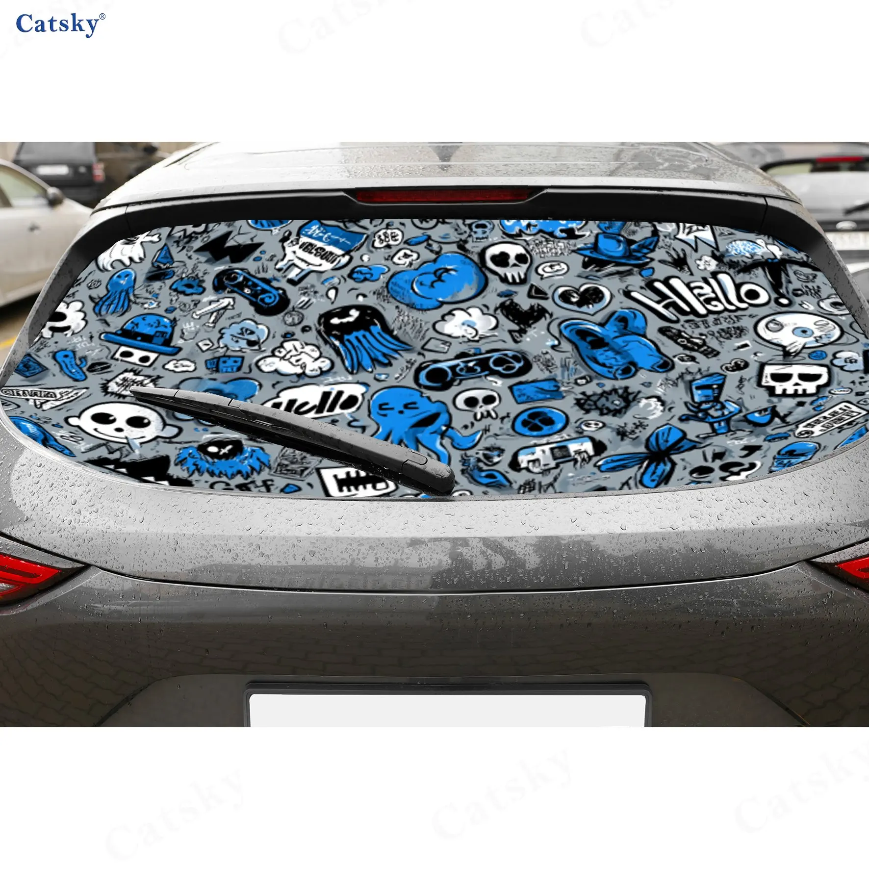 Cartoon Graffiti PVC Perforated Car Vinyl Wraps, Durable Car Rear Windshield Sticker, Waterproof Car Rear Window Decal