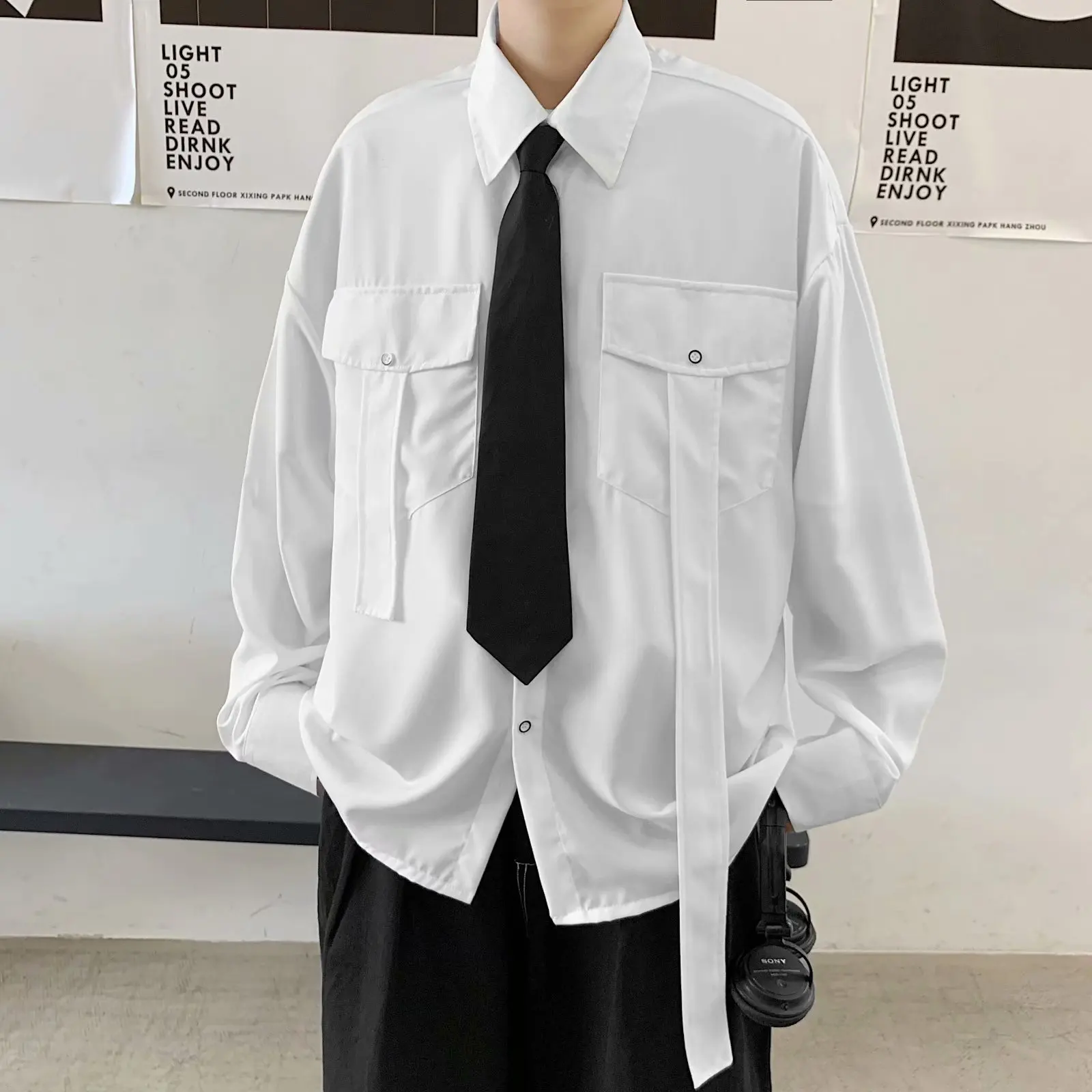 Harajuku Loose JK Shirts with Tie Women Men Spring Autumn Fashion New Black White Long Sleeve Blouses Tops Streetwear Couples