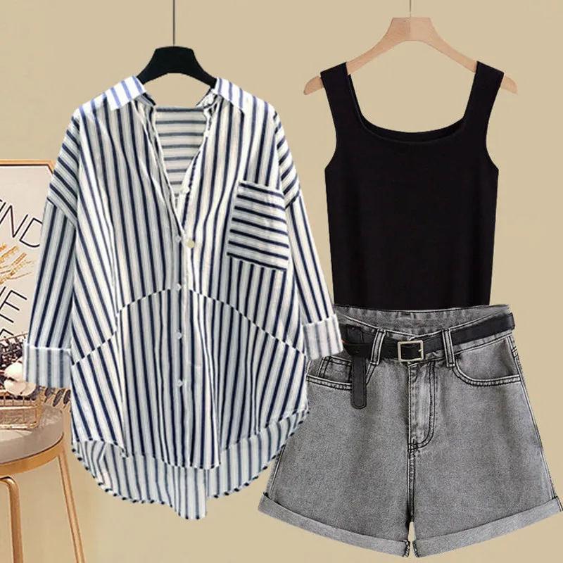 

Summer plus Size Women's Outfit High Waist Short Jeans High Fashion Slim Fit Shirt Strap Top Three Piece Set Casual Style