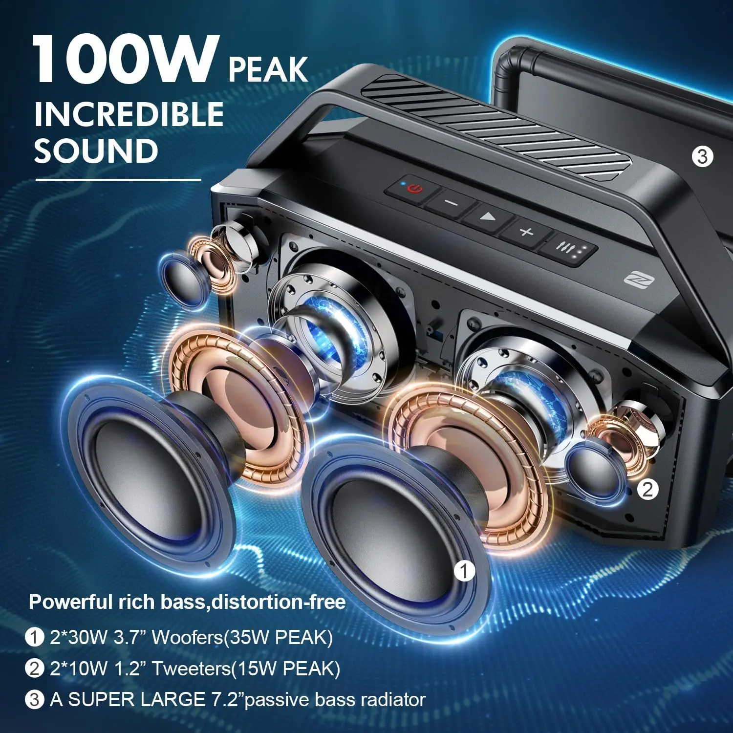 100W Max Loud Portable Outdoor Bluetooth Speaker, IPX6 Waterproof, Wireless with 60W Deep Bass Radiator, 2 Subwoofers, TWS Pairing, 40H Playtime, TF/AUX/EQ, Party Boombox