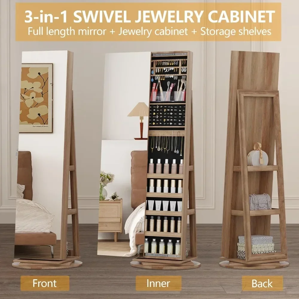 360° Swivel Jewelry Cabinet with Full Length Mirror, Lockable Mirror with Jewelry Storage, Floor Standing, Rear Storage Shelves