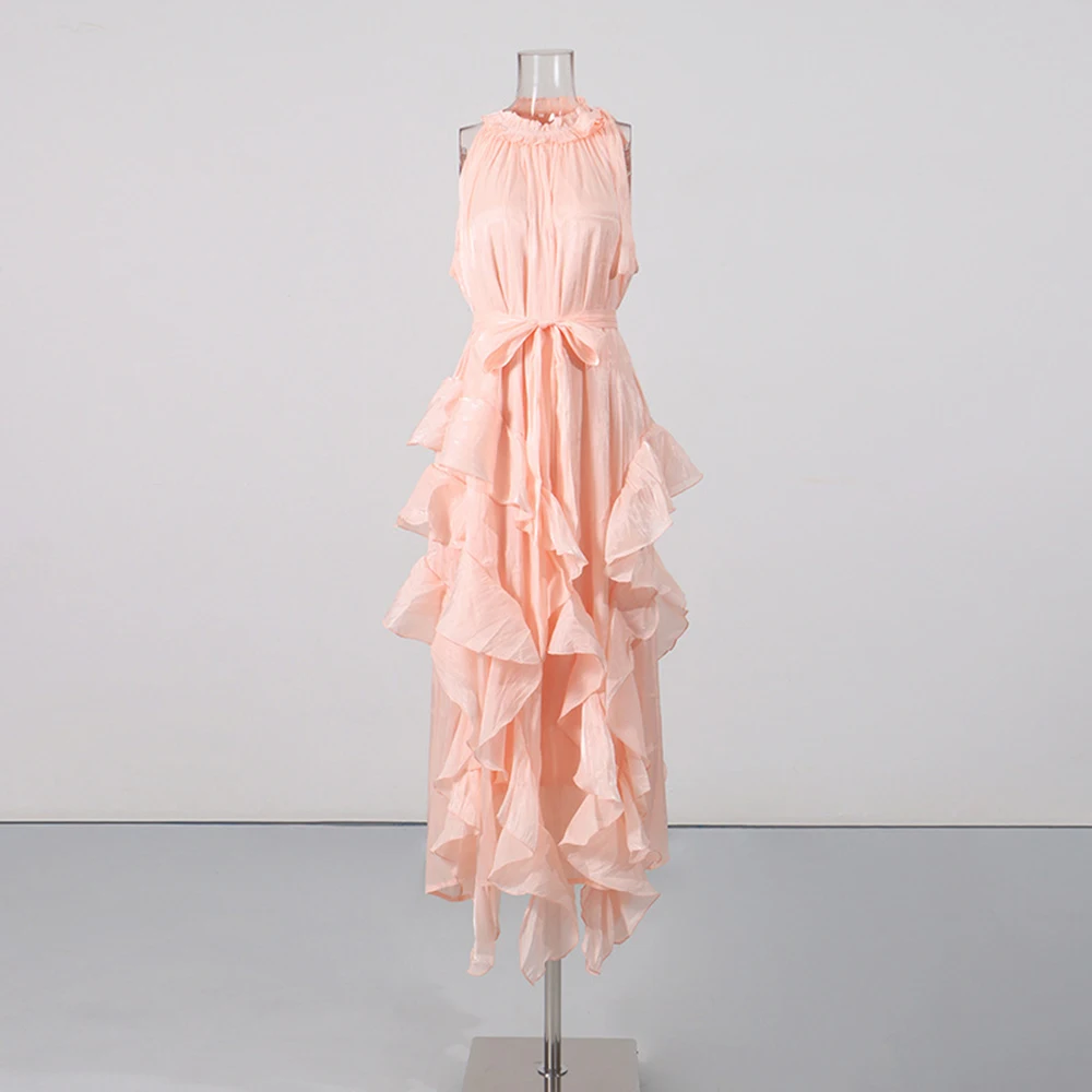 Summer New French White Hanging Neck Dress With A High-End Feel, Cinched Waist And Tied Lotus Leaf Edge Fairy Long Skirt