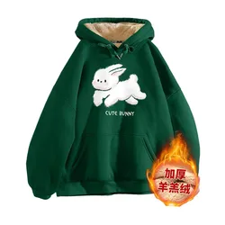 Y2k Green Hoodies Sweatshirt Women Autumn Winter Clothes Rabbit Year Prints Harajuku Clothes New Lamb Velvet Hooded Jacket