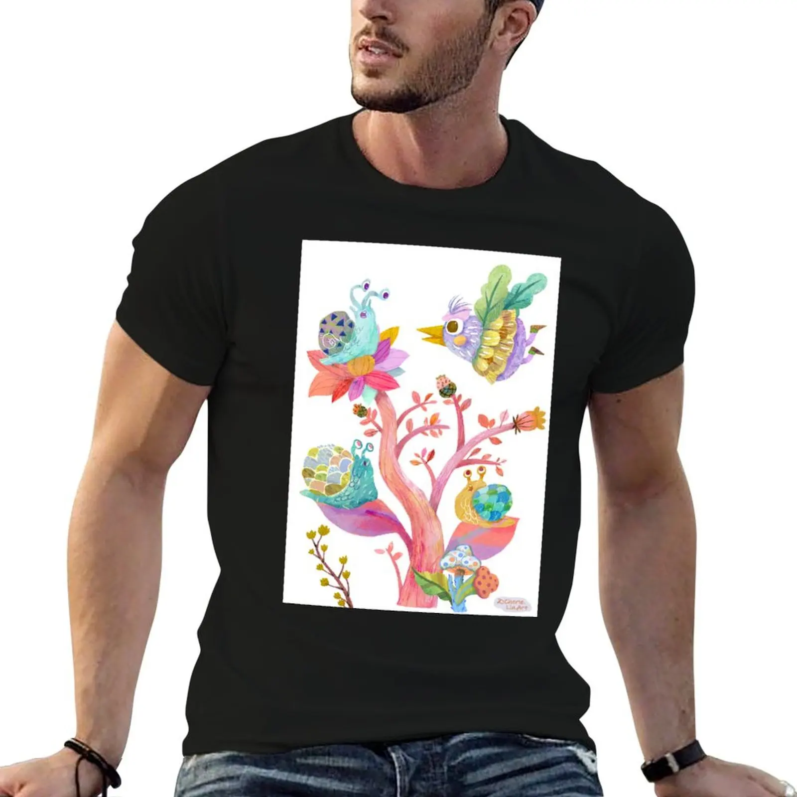 A cute little bird and snails on white background with happy colors characters T-Shirt quick-drying men t shirts high quality