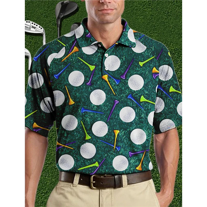 Men's Fully Printed Lapel Button Golf Shirt Casual Breathable Loose Quick Drying T-shirt