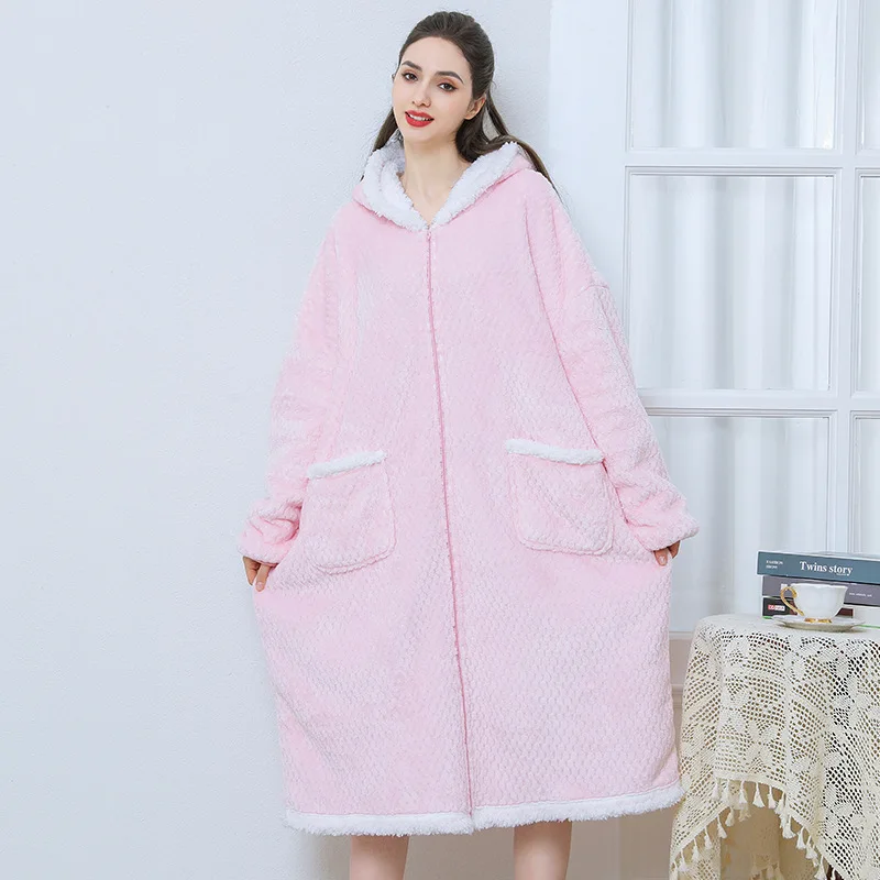 Boluoge Pullover Hooded Lazy Suit Gray Hooded Nightgown Loose Women\'s Large Pajamas Autumn and Winter Flannel Bathrobe