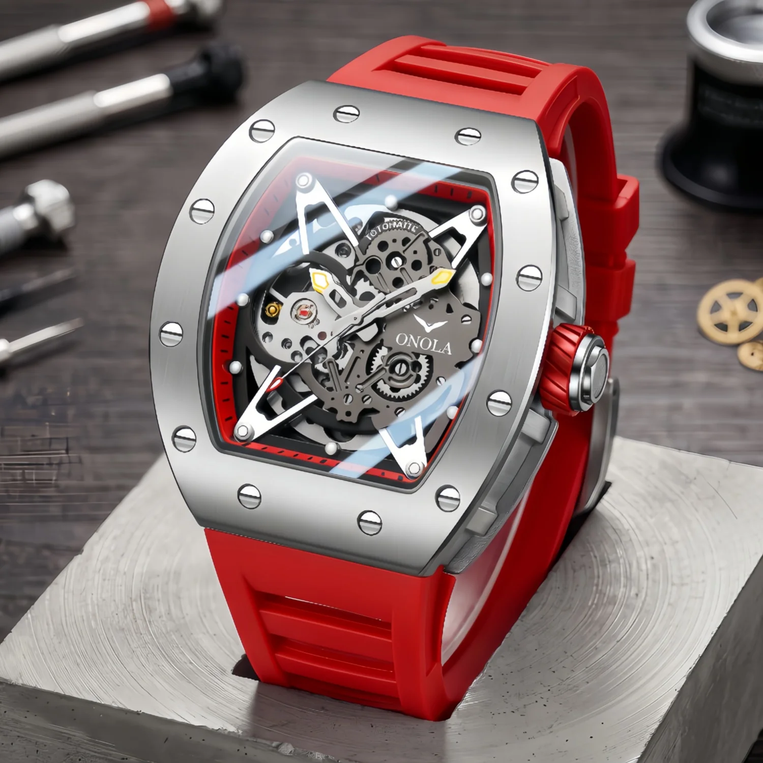 ONOLA Men's Mechanical Watch Alloy Case Silicone Strap Waterproof Night Light Hollow Design Racing Watch, Suitable for Daily view 2