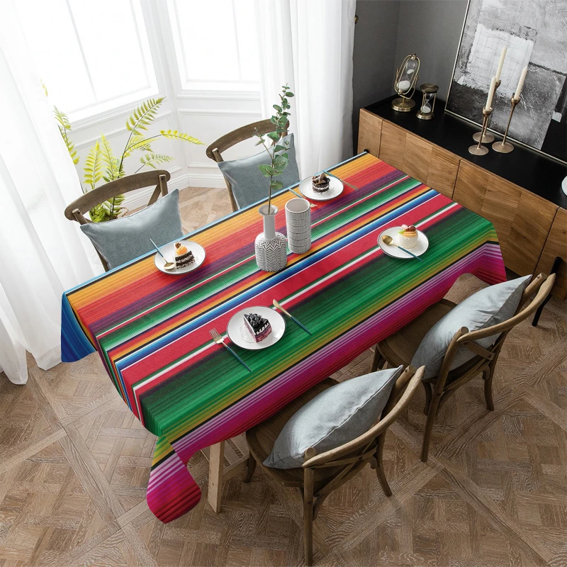 

Mexican Colorful Striped Tablecloth Mexican Ethnic Tablecloth Linen Stain Resistant Kitchen Table Decoration Picnic Mat