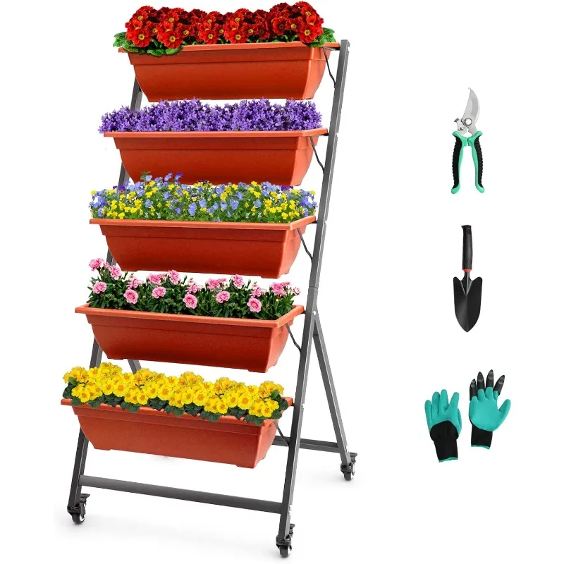 

4.5 FT Height Vertical Garden Planter Removable Brick Red Raised Bed Box with 5 Container Boxes,Digging Claw Gloves,Trowel