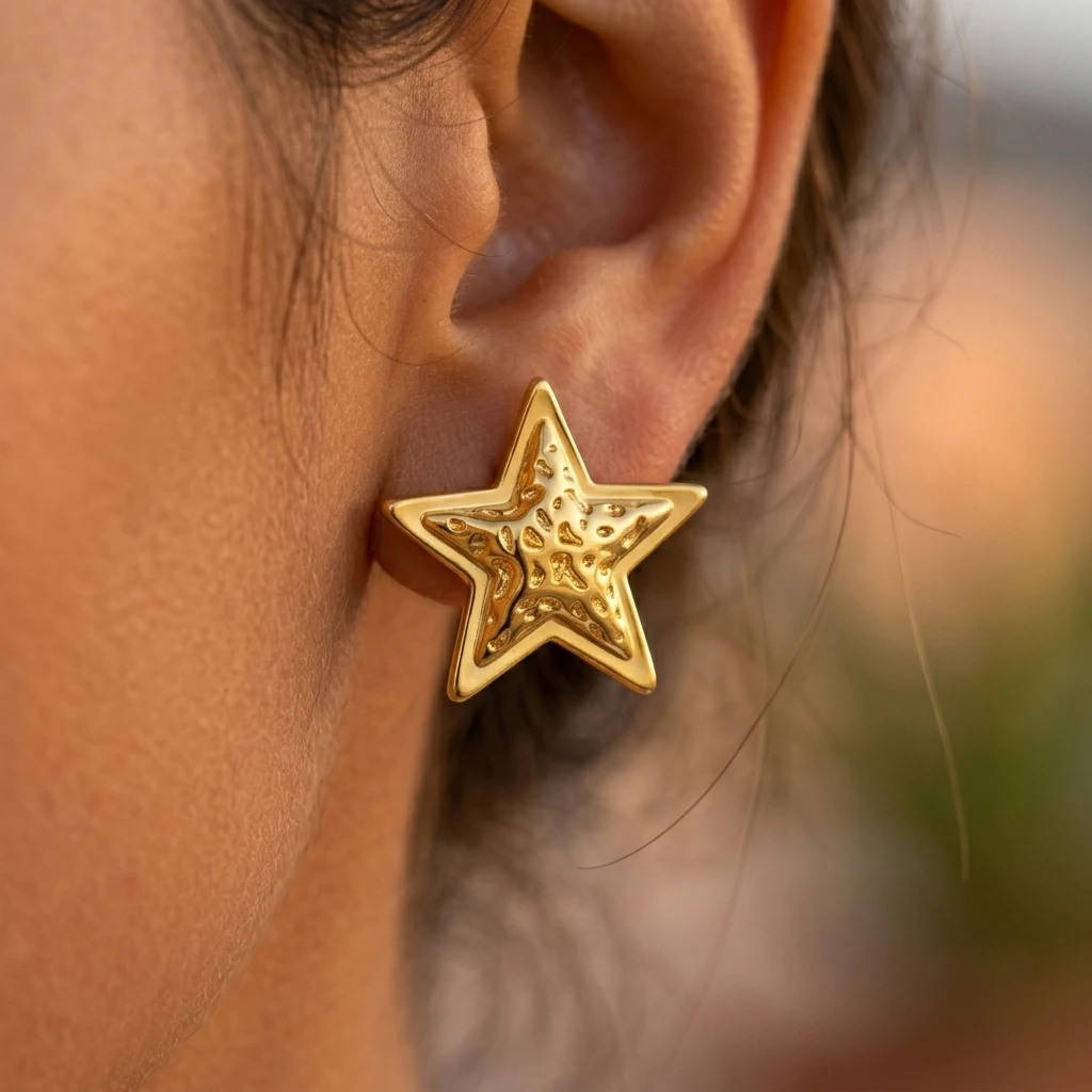 

Gold Color Lava Star Shape Small Stud Earrings for Women Fashion Gold Plated Stainless Steel Metal Star Statement Jewelry New