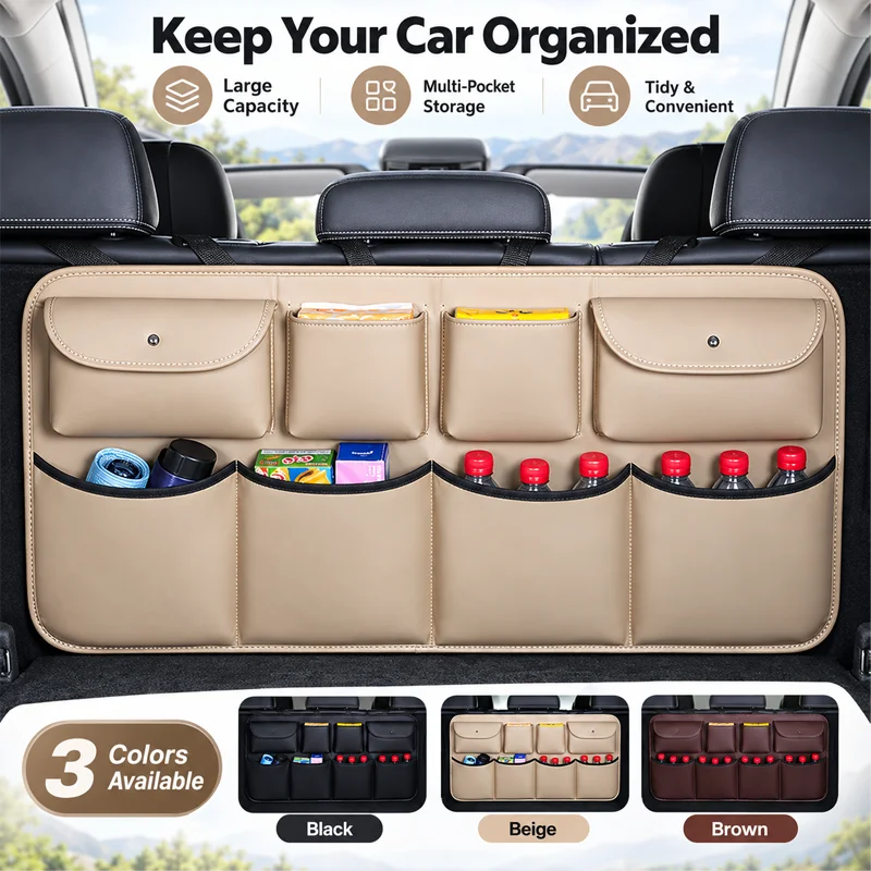 Car Trunk Hanging Organizer PVC Leather Rear Seat Back Storage Bag Multi-Pocket Car Interior Accessories Stowing Tidying Bag