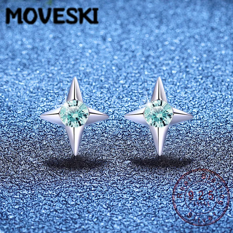 

Серьги-гвоздики MOVESKI с круглым муассанитом светло-зеленого цвета, серебро 925 пробы, серьги-звездочки с четырьмя кончиками для женщин, ювелирные изделия