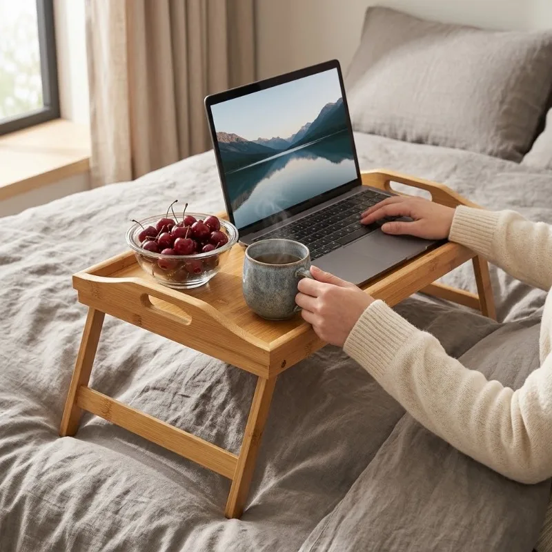 Bamboo Breakfast Tray Table with Foldable Legs Multifunctional Bed Serving Lap Desk for Laptop Food Tea Couch Dormitory Reading