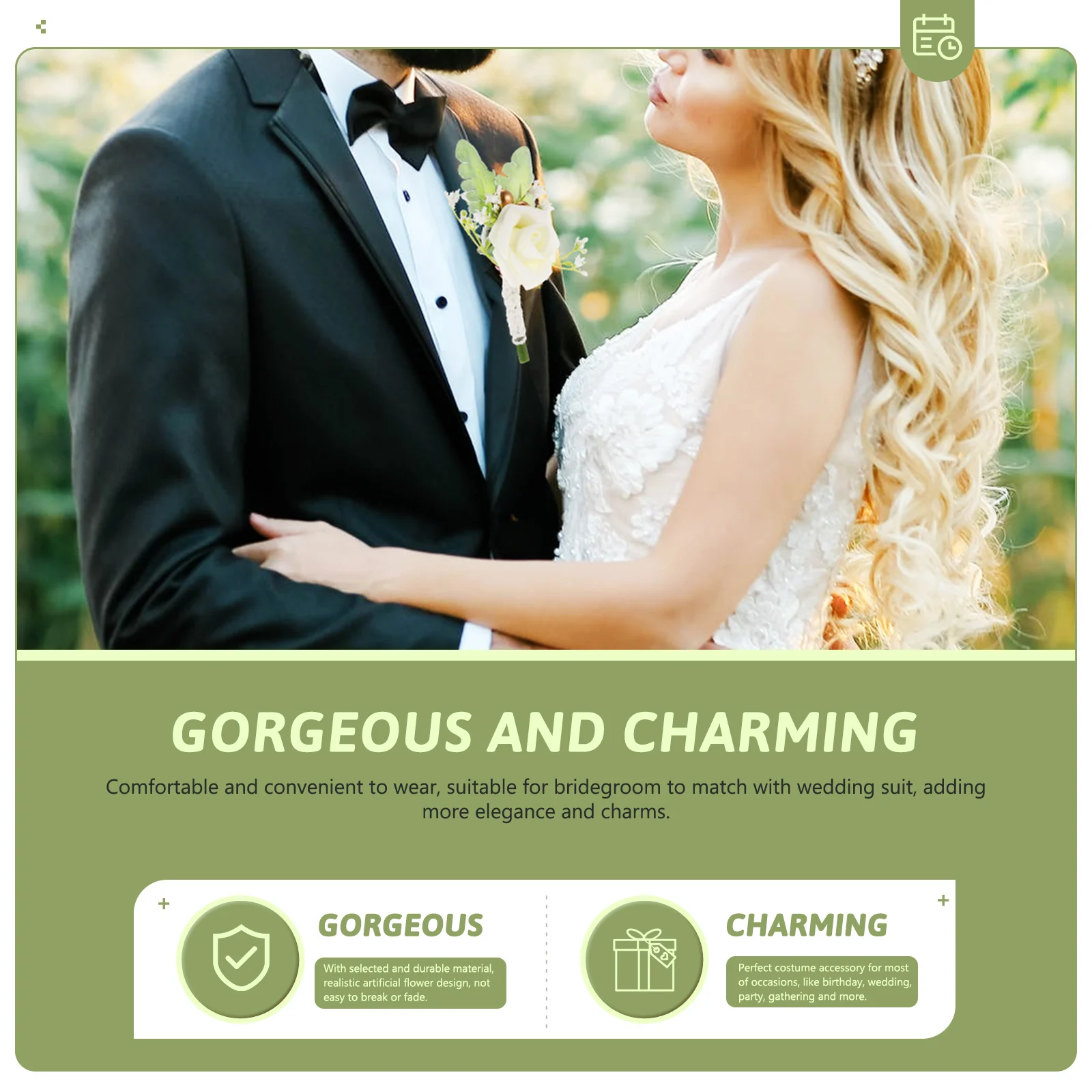 2 قطعة العريس العروة زهرة اصطناعية الصدار الزفاف حفلة موسيقية تصميم واقعي أنيق الرجال الإكسسوارات محاكاة #6