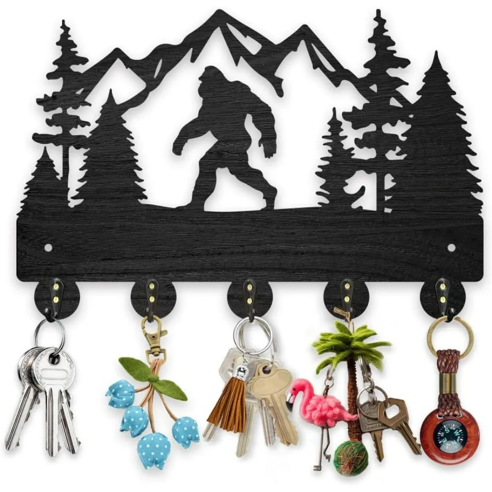 Wooden Mountain Ape Key Holder for Wall 7.8x11.8inch Forest Animal Tree Key Rack Hooks Decorative Wall Hook with 5 Alloy Hooks