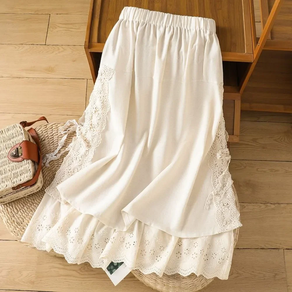 Women New Spring Cotton Linen Embroidered Midi Skirt Elastic Waist Patchwork Lace Trim A Line Flattering Literary Casual Daily