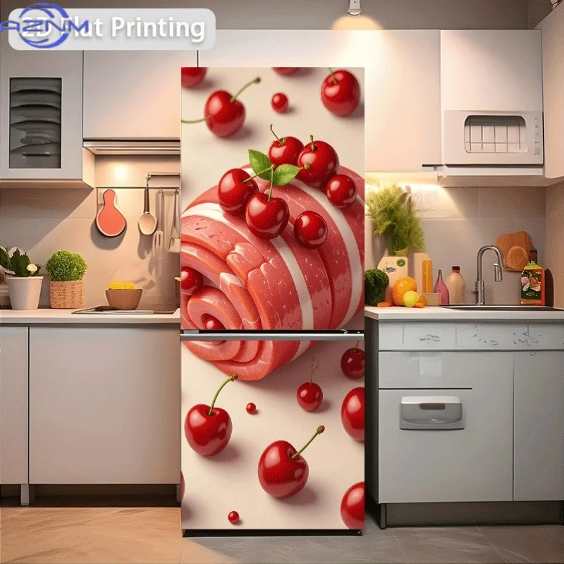 1pc 2D Pattern Printed Refrigerator Sticker,  Cherry And Meat Roll Wall Decoration Wallpaper Self-Adhesive, Suitable for Cabin
