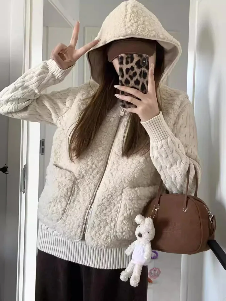 

Весна 2024, женский милый жилет из меха ягненка с капюшоном, универсальный полиэфирное волокно, стандартная длина, средняя теплая молния...