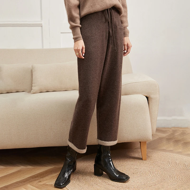 Spring Autumn Womens 100 Cashmere Pants High Waist Knit Trousers Wide Leg Soft Warm Cozy Casual Fashionable Long Length Elegant