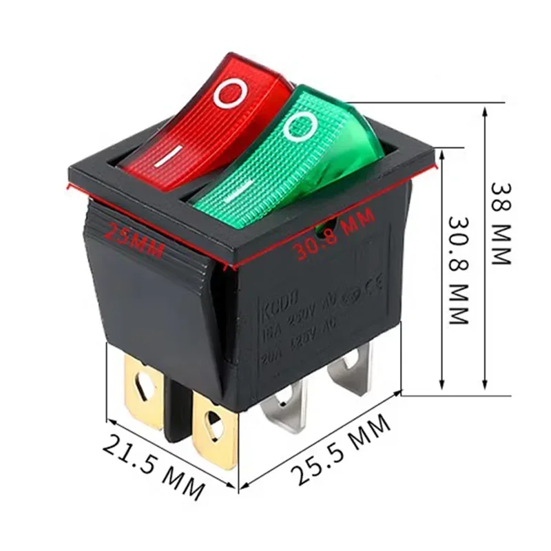 5/20PCS KCD3 Double Boat Rocker Switch Toggle 6 Pin On-Off With Green Red Light 20A 125VAC 16A 250V Power Dual Push Button KCD6