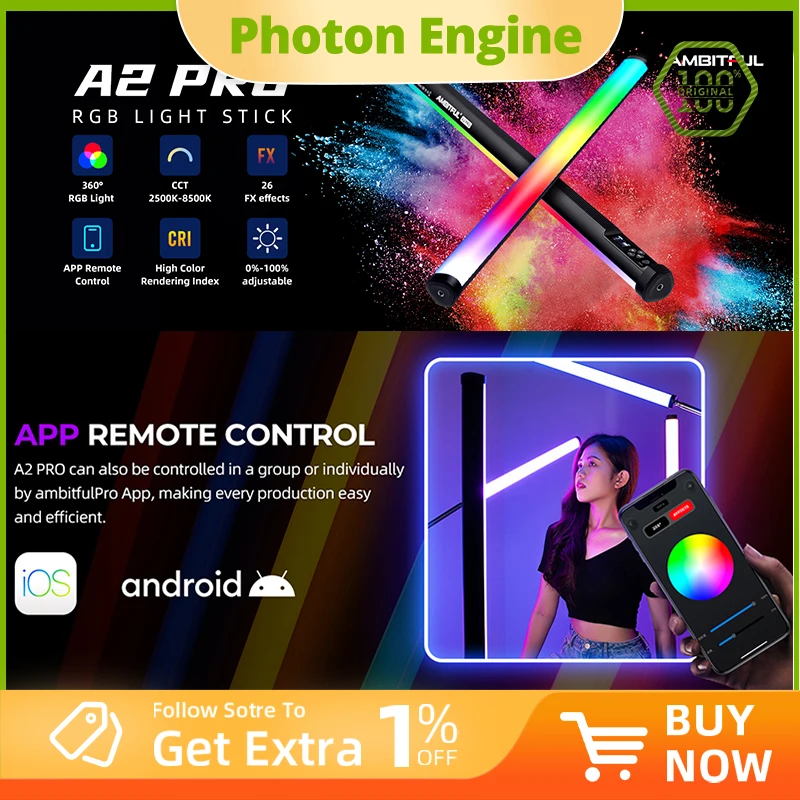 

AMBITFUL A2 PRO 2500K-8500K A2PRO RGB Tube Light Full Color LED Video Stick Light with Built-in Lithium Battery Control by APP