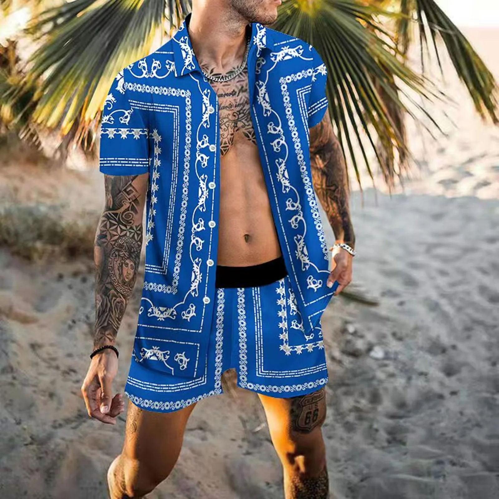 Summer Vintage Men\'s Shirt Set Short sleeve Shirt Shorts Casual Travel Print Beach Men\'s Hawaiian 2-piece suit S-3XL