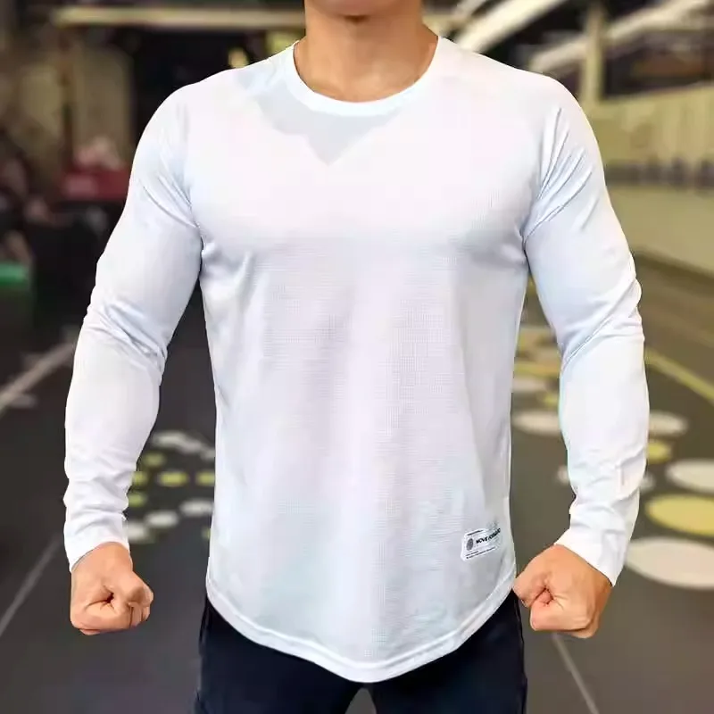 

Men Elastic Quick-drying Sports Shirt Training American Gym Fitness Clothes Running Moisture-absorbing Long Sleeve Crew Neck Top