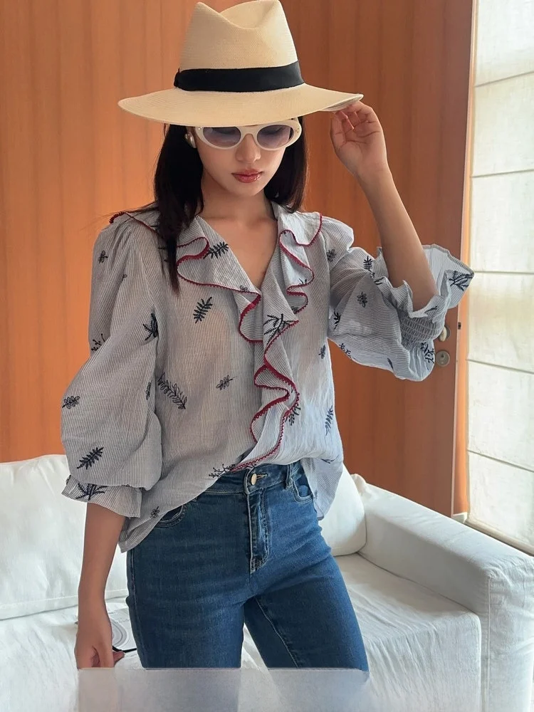 

Романтическая деревенская блузка Ohmyop Garden of Eden с хлопковой вышивкой, тонкая, с защитой от солнца, женская, свободного кроя, с длинным рукавом