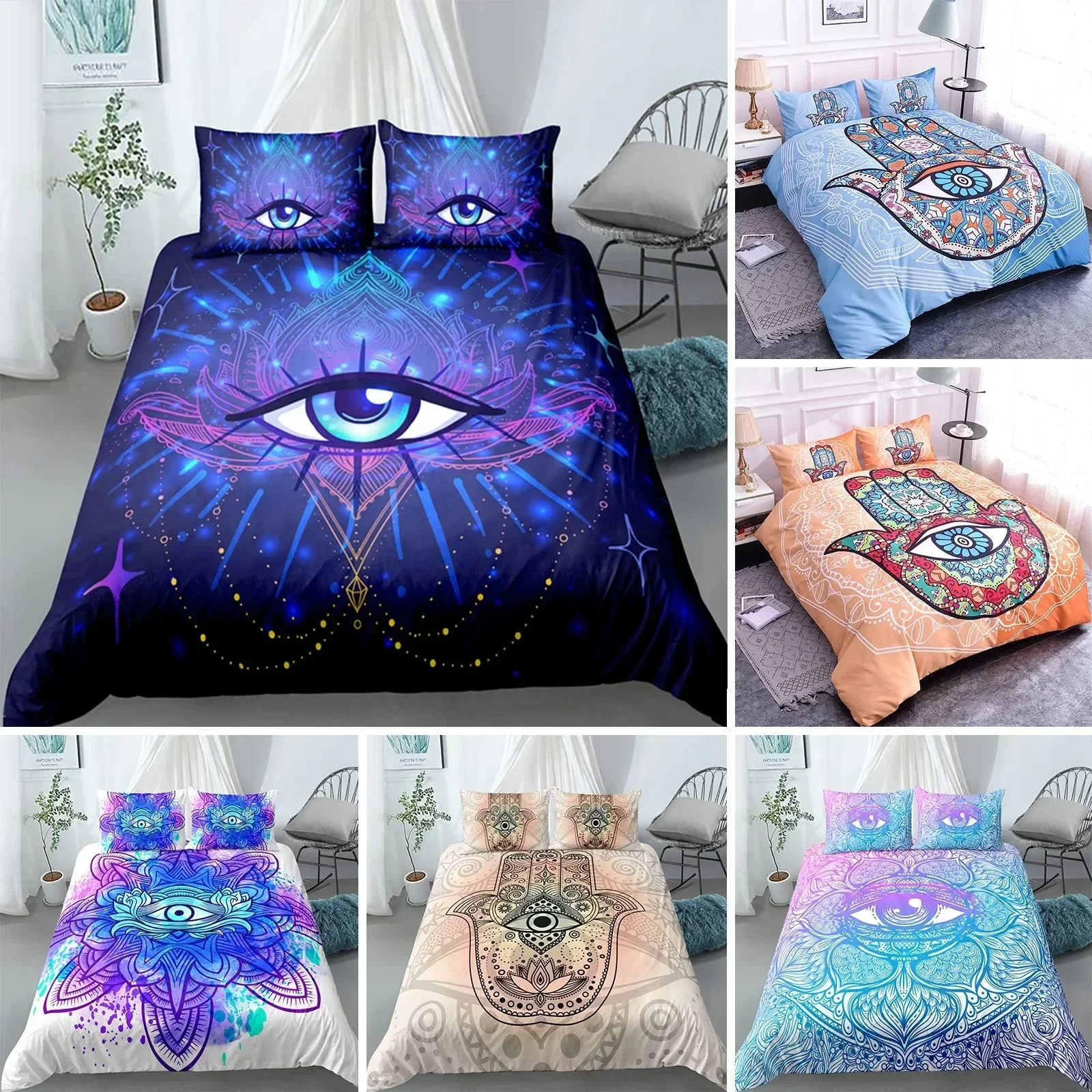 Mandala Eyes King Queen Duvet Cover Boho Psychedelic Style Bedding Set Teens Adults Hamsa Hand Devil's Eye Polyester Quilt Cover